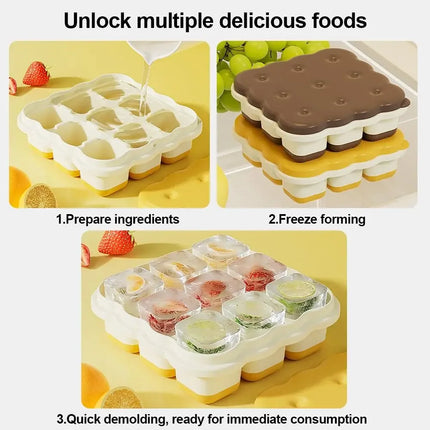 Cartoon 9 Grid Ice Cube Tray, Food Grade PP Ice Mold With Lid Household Freezer Ice Making Tool