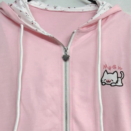 Women Pink Cutecore Hoodie Jacket Y2K Fashion Harajuku Cat Zip Up Long Sleeve Oversized Hooded Sweatshirt Cute Coat Clothes