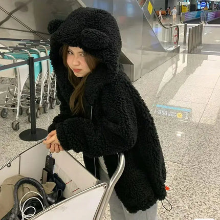 2025 New Cute Girl Little Bear Ears Imitation lamb Wool Zipper Hooded Coat Collection Casual Fashion Versatile Trends Lazy Wind