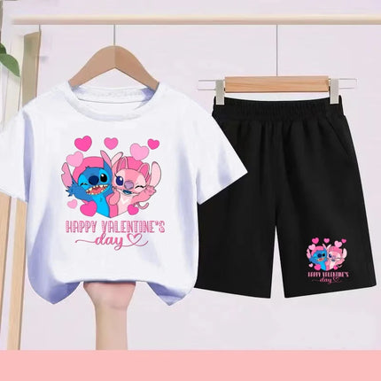 Disney 2026 Summer Round-neck Short-sleeved Set Girl Stitch Printed T-shirt Fashion Child Top+Shorts Casual Daily Sportswear Set