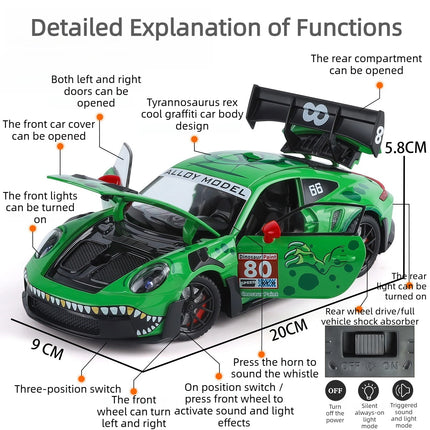 1:24 GT3 Tyrannosaurus Rex Coated Edition Car Model Pull Back Sound and Light Toy Gift Diecast Alloy Car Model Collectible