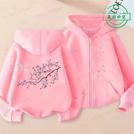 Sakura Cherry Print Female Zip Up Hoody Harajuku Hoodies Cherry Blossome Fashion Casual Street Hooded Autumn Fleece Streetwear