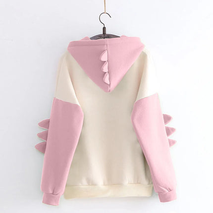 Winter cartoon printed dinosaur color blocked hoodie, campus casual and cute style