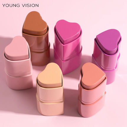 YOUNG VISION 6-Color Matte Heart Blush, Contour Stick, Face Sculpting Mousse Blush, and Lipstick 3-in-1, gift 1pcs makeup brush