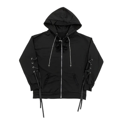 Gothic Style Hooded Zipper Cardigan Sweatshirt Women's Long Sleeve Lace Decoration Loose Lace up Jacket Summer New