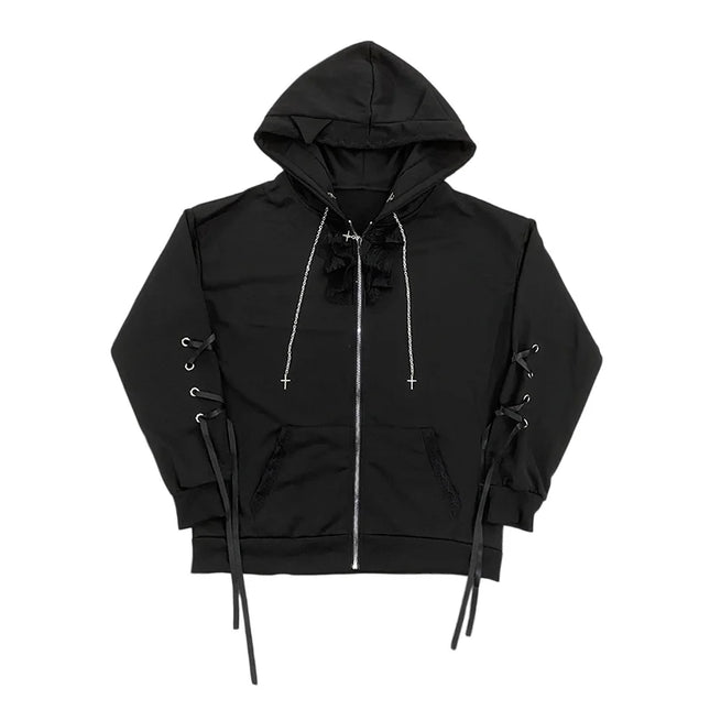 Gothic Style Hooded Zipper Cardigan Sweatshirt Women's Long Sleeve Lace Decoration Loose Lace up Jacket Summer New