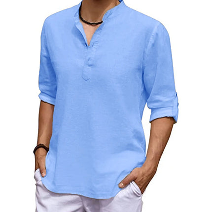 New Men's Linen Long Sleeve V-neck T Shirt Solid Color Oversize Casual Shirt Cotton Shirt Plus Size Yoga Button Shirts for Men