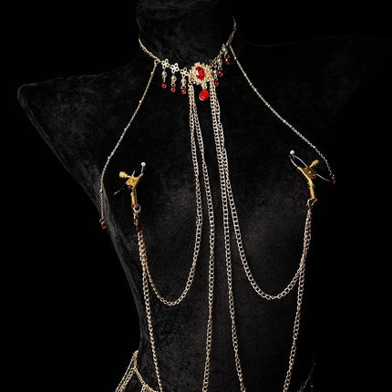 Red Ruby Nipple Clamps with Collar and Body Chain BDSM Training Adjustable Waist Chain Sexy Accessories for Women Adult Sex Toys