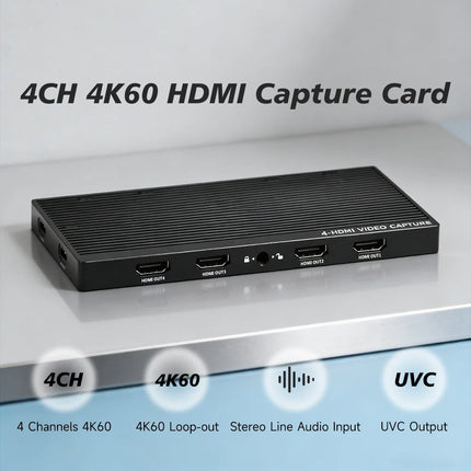 4 Channels 4K60 HDMI Capture Card 4 in 1 out UVC USB Video Capture Card with HDMI Loopout for Gaming And Streaming