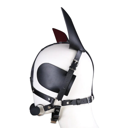 BDSM Fetish Leather Harness Head Piece Hood Mask With Silicone Bone Mouth Gag Ears Eye Shade Bit Blindfold For Pony Pet Cosplay