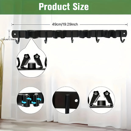 1 Heavy-Duty Metal Tool Rack with 4 Slots and 5 Hooks - Wall-Mounted Storage for Garden Tools, Brooms, Mops, and Garage Equipment, Tool Rack Storage, Black