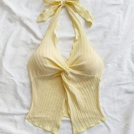 Yellow V-neck Halter Neck Top for Women Summer Y2K Clothes Sexy Sleeveless Backless Crop Top Streetwear