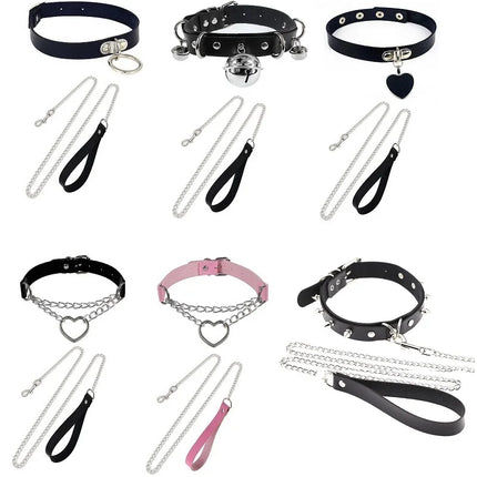 Cosplay Necklace Leash And Collar BDSM Leather Slave Heart Bell Ring C harm Collars Set For Women Bondage Gothic Choker Accessor