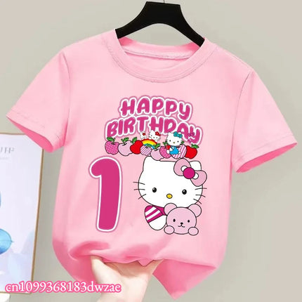 2026 New Hello Kitty Birthday Kids Short Sleeved Fashion Printed Boys and Girls Summer Clothes Short Sleeved Baby Cotton T-shirt