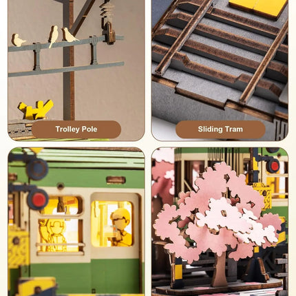 Robotime Sakura Journey Tram 3D Wooden Puzzles with LED Lights Home Decor Gift for Adults Women Girls