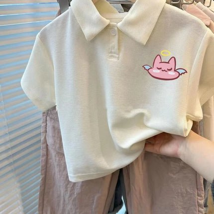 Unisex Children's Summer Polo Shirt Short Sleeve Loose Fit Collared T-Shirt Cartoon Print Versatile Kids' Fashion Basic Tee