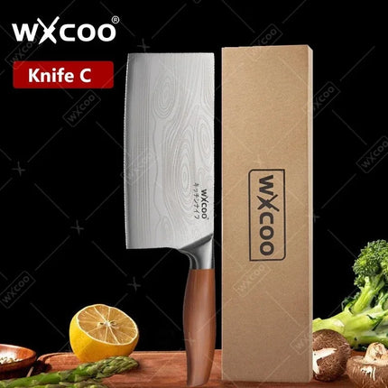 WXCOO Stainless Steel Chef Knife Household Kitchen Knife Laser Damascus Pattern Slicing Scissors Cleaver Fruit Knife Holder