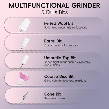Cordless Electric Nail File Drill Professional Kit, 4 Gears and 5 Bits, All-in-One Nail Drill Machine for Manicure and Pedicure