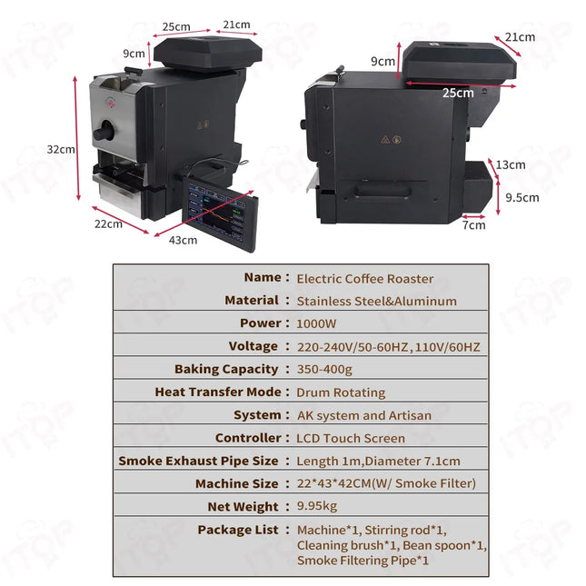 ITOP Coffee Bean Roaster CBR-2 Drum Roasting Machine Using with Artisan,500g Roaster With Cooler Smoke Filter