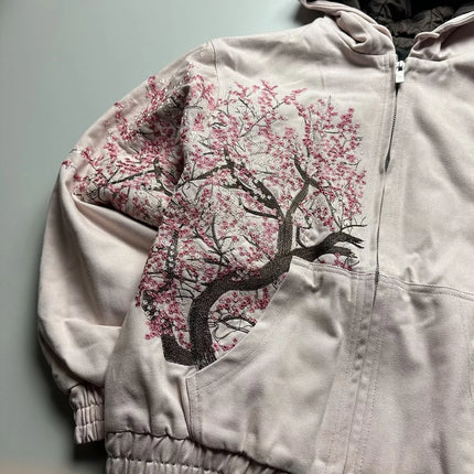 Y2K New American Casual Cherry Blossom Embroidery Zipper Hoodie Men Street Fashion Trend Fleece Padded Sweatshirt Unisex Hoodie