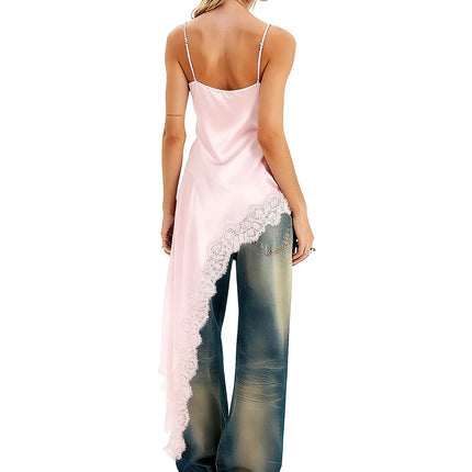 Women Boho Vintage Sexy Satin Lace Trim Patchwork Camisole Sleeveless Backless Spaghetti Strap Flowy Going Out Beach Party Tanks