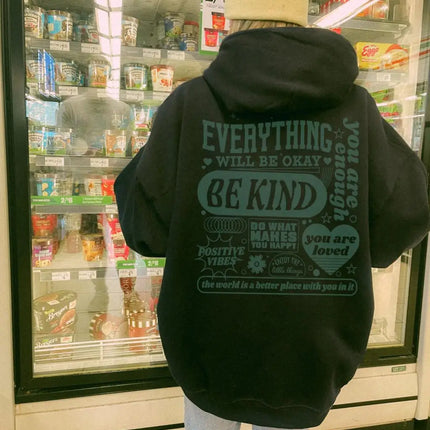 Everything Will Be Okay Green Heart Illustration Design Women Clothes Trendy New Hoodie Casual Pocket Sportswear Street Hoody