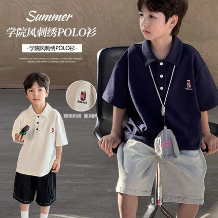 2025 Summer Children's Style Embroidered Short Sleeve Polo Shirt Men's Beaded Cotton Breathable Collar T-shirt
