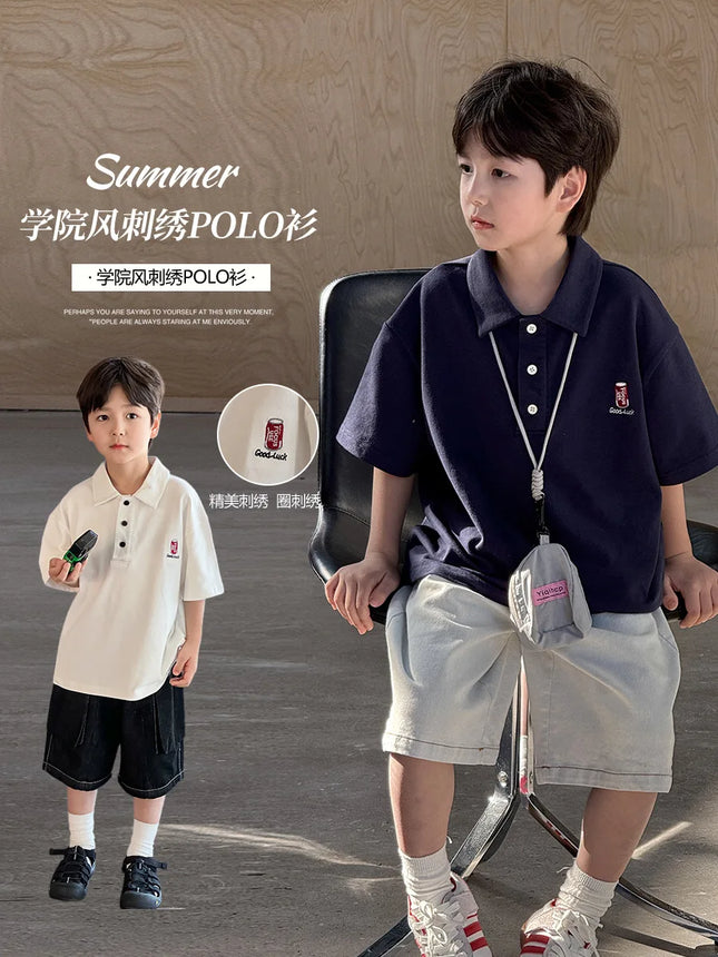 2025 Summer Children's Style Embroidered Short Sleeve Polo Shirt Men's Beaded Cotton Breathable Collar T-shirt