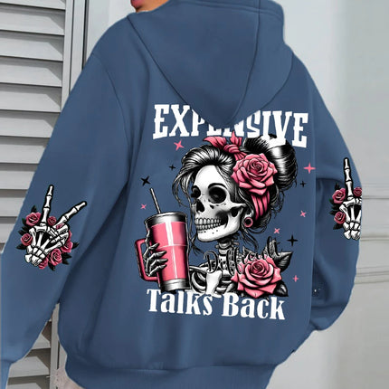 Expensive Talks Back Funny Printing Womens Hoodie Loose Multicolor Pullovers Fleece Autumn Sportswear Casual Pocket Hoody