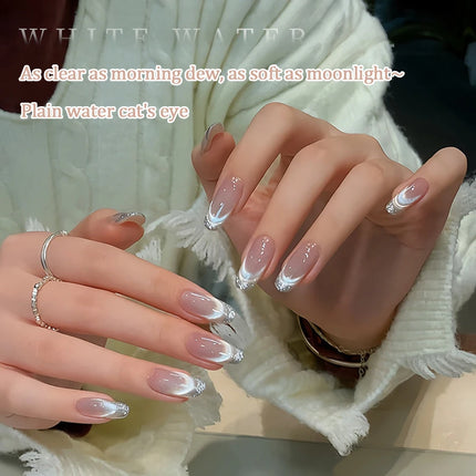 Icy Clear White Cat Eye Nail Polish Gel, French Porcelain White with Glitter and Glass Bead Outline, Cat Eye Nail Art Gel