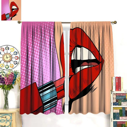 Lips Curtains, Retro Comic Pop Art Girl Applying Red Lipstick Makeup Concept Halftone Background Blackout Rod Pocket Curtains