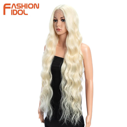 FASHION IDOL 36inch/90cm Body Wavy Lace Wigs Synthetic High Temperature Fiber Ombre Blonde Natural Hair Lace Front Wigs Cosplay