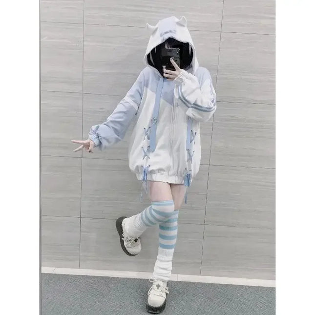 Girls Stitch Woman Clothing Subculture Japanese Hoodie Blue White Autumn Woman Sweatshirts Zipper Winter Y2K Clothes Hoodies