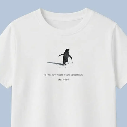 Y2K Harajuku Casual Minimalist Penguin Snow Mountain Reflection Print T-Shirt Men's and Women's White Trendy Loose Fitting T-Shirt