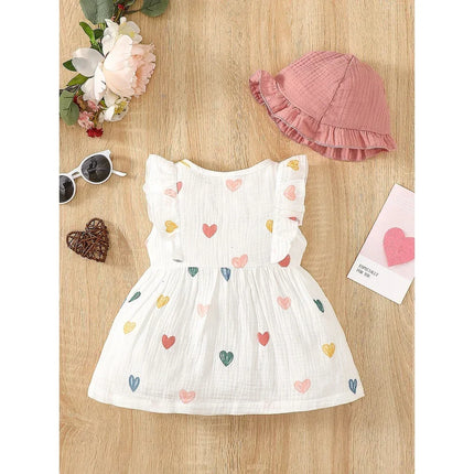 0-9 Months Newborn Baby Girl  2PCS Dress Heart Print Sleeveless Bow Dress With Hat Summer Fashion Cute Clothing for Infant Girl