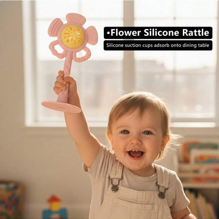 1PK Silicone Flower Suction Toy. Rattle & Sensory Teether for Babies. BPA-Free, Safe & Perfect for Fine Motor Skills.