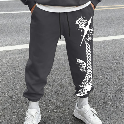 Men's Gothic Thorn Cross Rose Braid Vertical Print Sweatpants Elastic Waist Soft Fabric Dark Punk Street Hip Hop Joggers