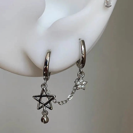 1PCS Silver Color Star Chain Double Ear Hole Stainless Steel Ear Bone Nail Y2K Fashion Hottie Earrings for Women Jewelry