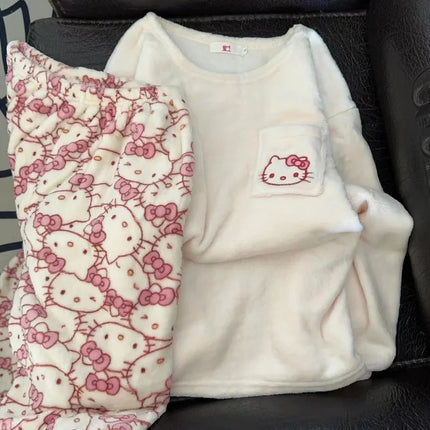 New Sanrio kawaii anime hello kitty cute cartoon girls winter flannel plus velvet thickened pajamas home clothes set gift