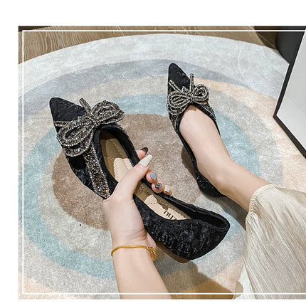 Women Flat Elegant Fashion Women Flat Fashion Ballet Shoes Ladies Bling Crystal Bow Tie Pointed Toe Flats Shoes Zapatos De Mujer