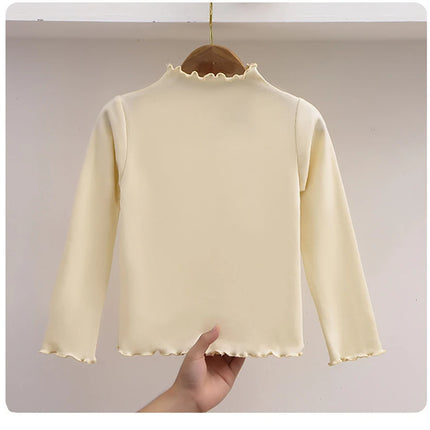 Autumn-Winter Girls Long Sleeve Solid Color Ruffled Collar T-Shirt Girls Fashionable Comfortable Everyday Wear T-Shirt