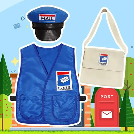 Kids Cosplay Postman Boys Girls Professional Mail Carrier Uniform Costume with Hat Halloween Carnival Dress Up Party Stage Show