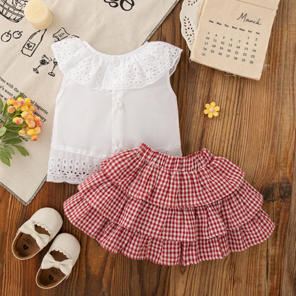 2pc/Set Girls' Suit Summer Bow And Plaid Lace Trim Short Sleeve Casual Toddler Girl Clothes Cute Simple Children Clothes