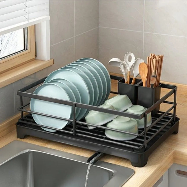 Carbon Steel Kitchen Storage Rack Ventilation Drainer Tray Dish Drying Rack Stable Space-saving Plates Organizer with Drainboard