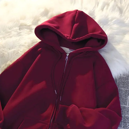 Women's Oversize Hoodie Jacket Thickened Cotton Polyester Zipper Cardigan Fleece Outerwear Lazy Style Solid Color Coat
