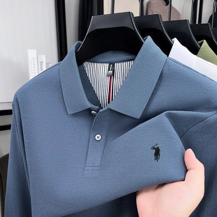 100% pure cotton autumn and winter men's fashion sports brand embroidered pony long-sleeved polo shirt business casual T-shirt