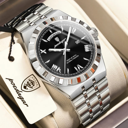 POEDAGAR Business Man Watch Week Date Waterproof Luminous Original Watches For Men Stainless Steel Men's Quartz Wristwatch Reloj