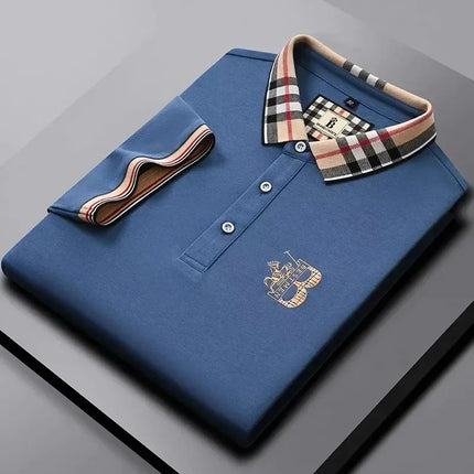 Luxury brand men's short-sleeved polo shirt, summer high-end fashion, plaid embroidery, lapel, casual T-shirt, breathable cotton top