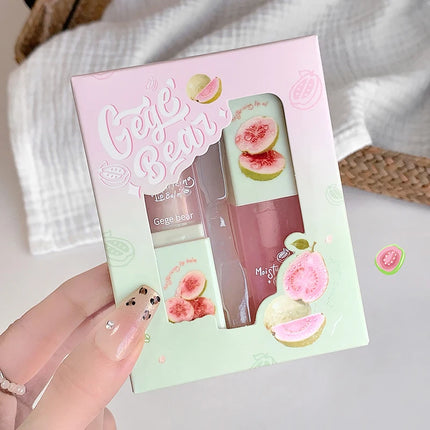 Guava Hydrating Lip Balm and Lip Oil Set Gege Bear Light Moisturizing Soothing and Tender Lips for Winter Use