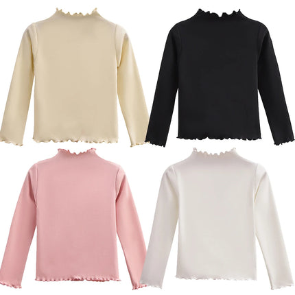 Girls' Long-Sleeve T-Shirt with Ruffle Edges, Soft and Warm Fashion Solid Color Tops, Cute Spring Autumn Casual Shirt for Kids